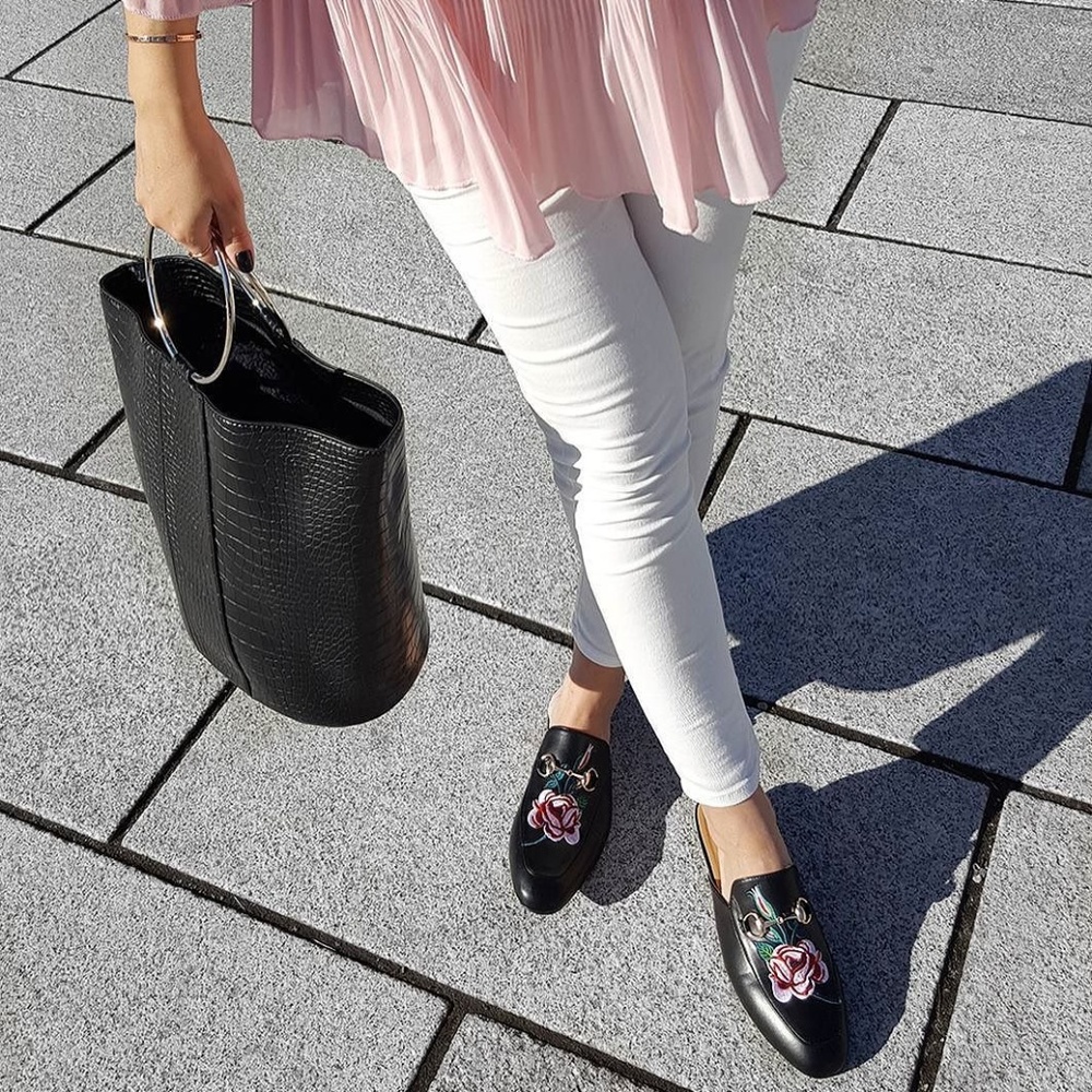 Cheska Floral Embroidered Flat Mule In Black Faux